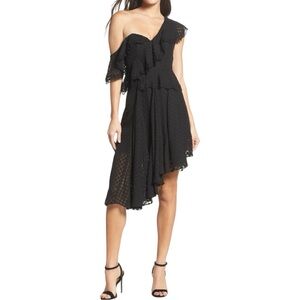 BARDOT Senorita One-Shoulder Dot Chiffon Dress in Black L